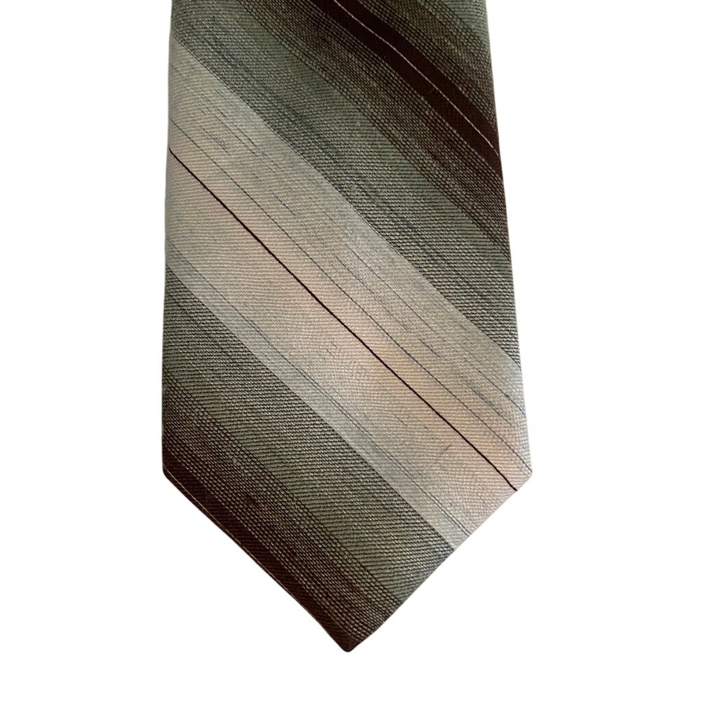 Britannia Vintage Mens Tie‎ Green Brown Grey Striped Polyester Necktie